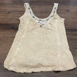 Free People Split Back Tank Top, Lightweight Boho, Ivory Medium Pearlescent